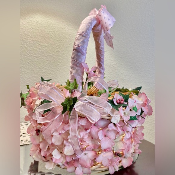 Handcrafted Large Wicker Basket Embellished with Pink Silk Flowers and Ribbons